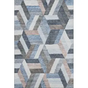 Photo of 8' Blue Silver And Gray Geometric Washable Area Rug With UV Protection
