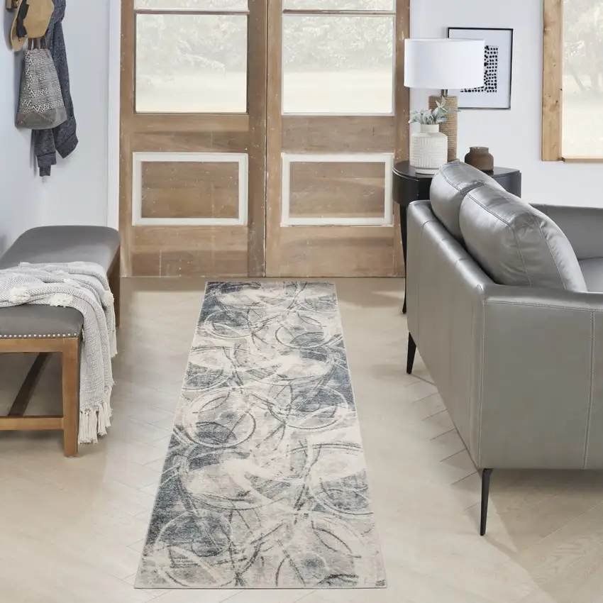6' Blue Silver And Ivory Abstract Runner Rug Photo 5