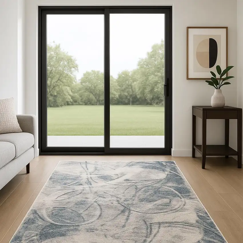 6' Blue Silver And Ivory Abstract Runner Rug Photo 1