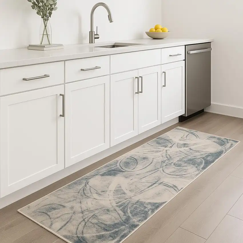 8' Blue Silver And Ivory Abstract Runner Rug Photo 1