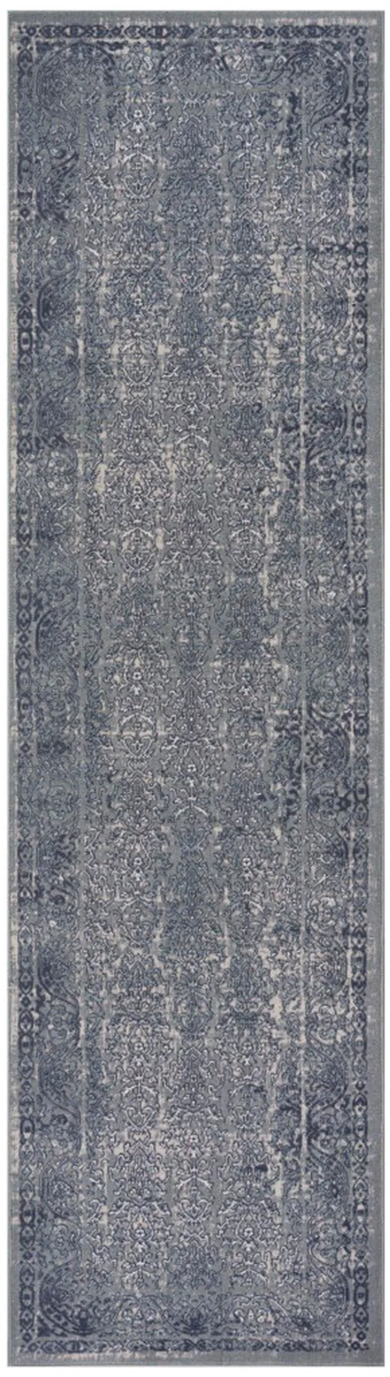 8' Blue Silver Gray And Cream Damask Distressed Runner Rug Photo 1