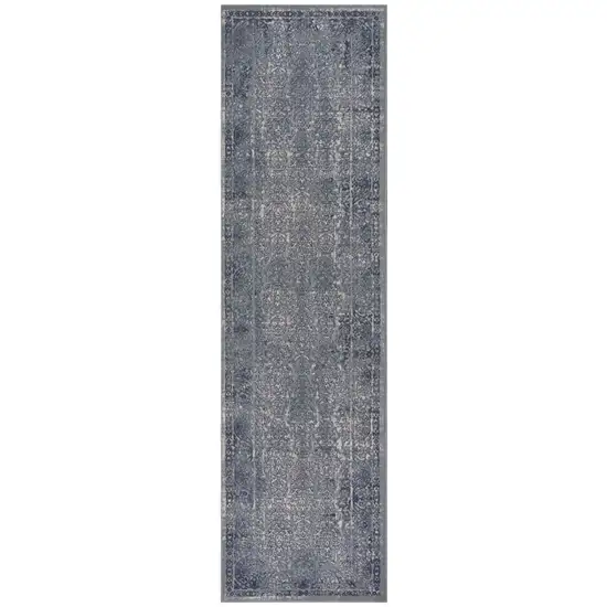 8' Blue Silver Gray And Cream Damask Distressed Runner Rug Photo 1
