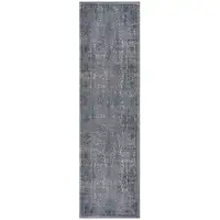 Photo of 8' Blue Silver Gray And Cream Damask Distressed Runner Rug