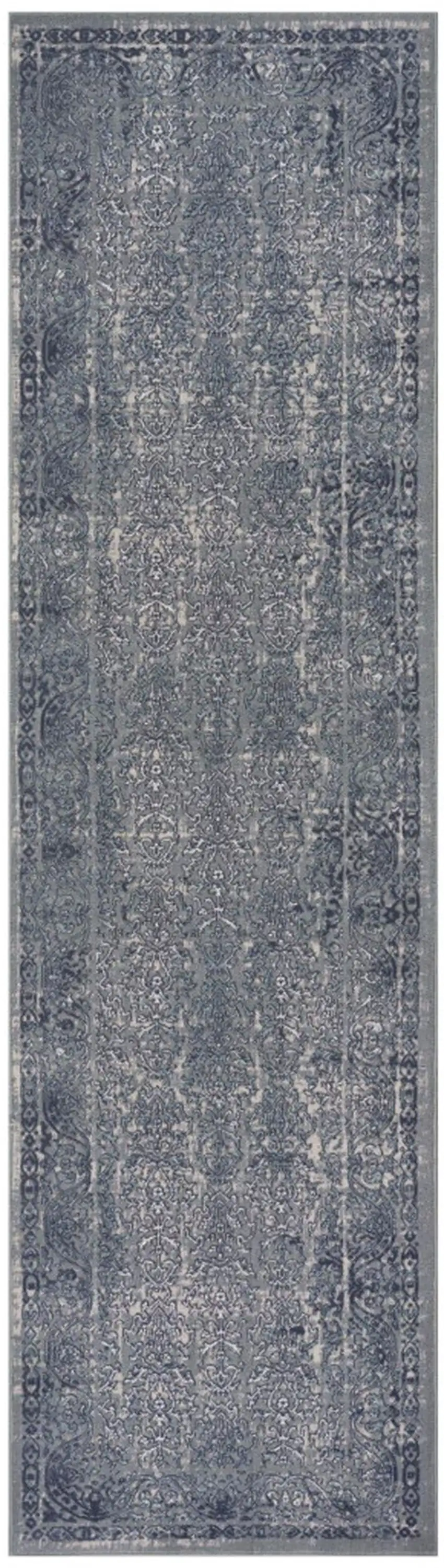 8' Blue Silver Gray And Cream Damask Distressed Runner Rug Photo 1