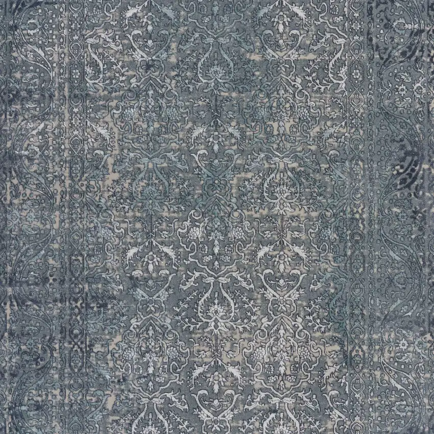 8' Blue Silver Gray And Cream Damask Distressed Runner Rug Photo 8