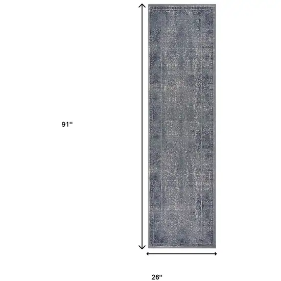 8' Blue Silver Gray And Cream Damask Distressed Runner Rug Photo 6