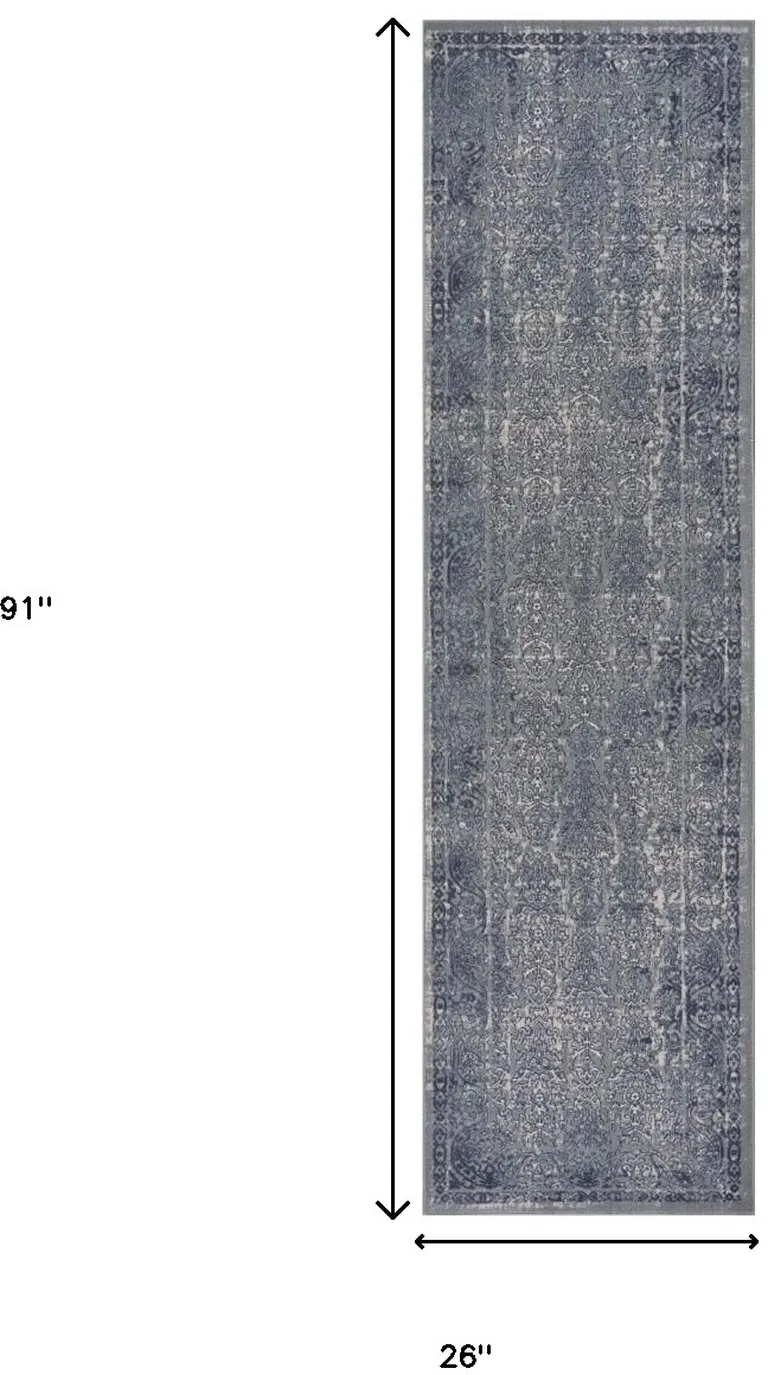 8' Blue Silver Gray And Cream Damask Distressed Runner Rug Photo 5