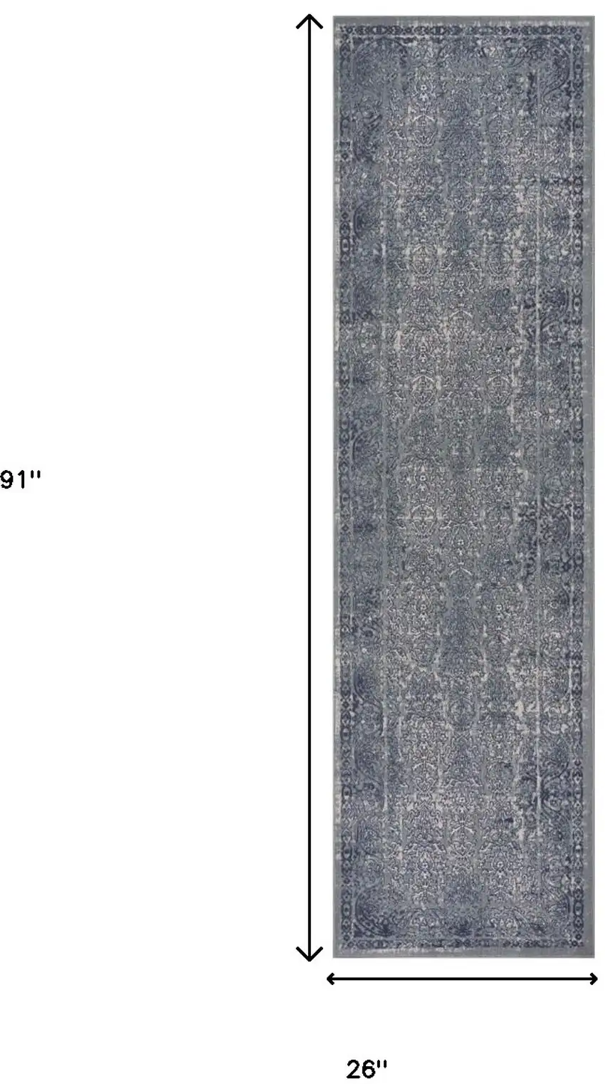 8' Blue Silver Gray And Cream Damask Distressed Runner Rug Photo 6