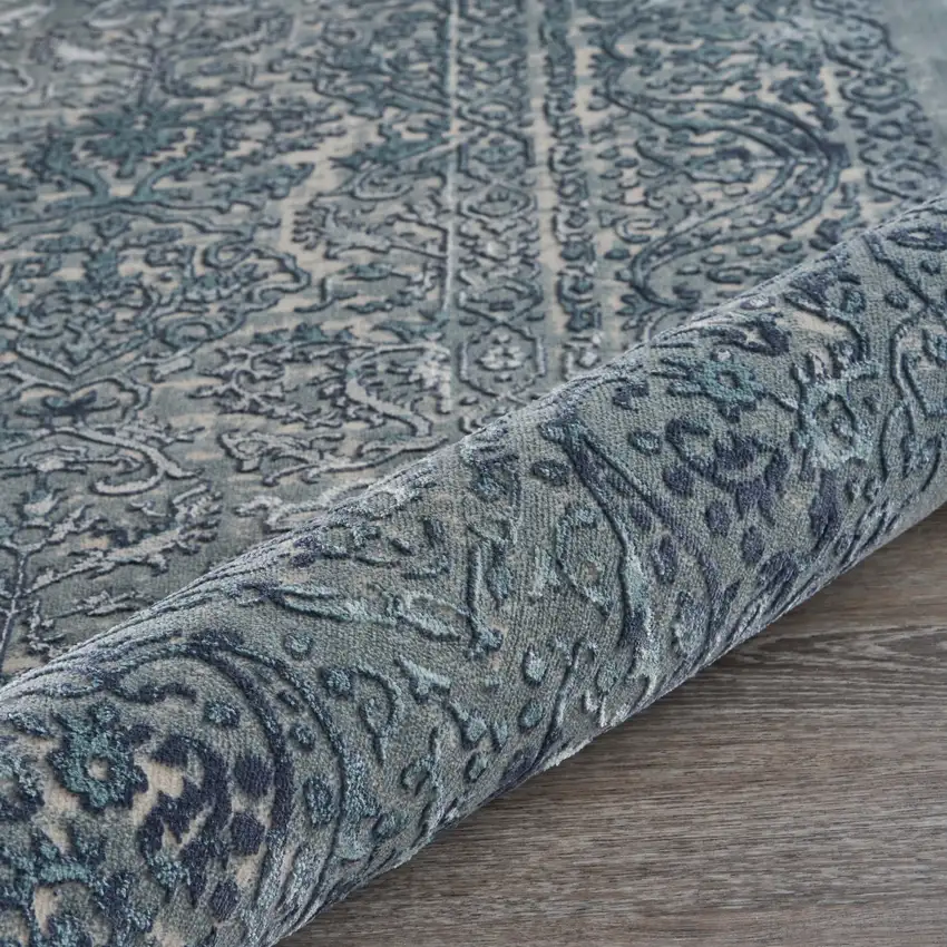 8' Blue Silver Gray And Cream Damask Distressed Runner Rug Photo 4