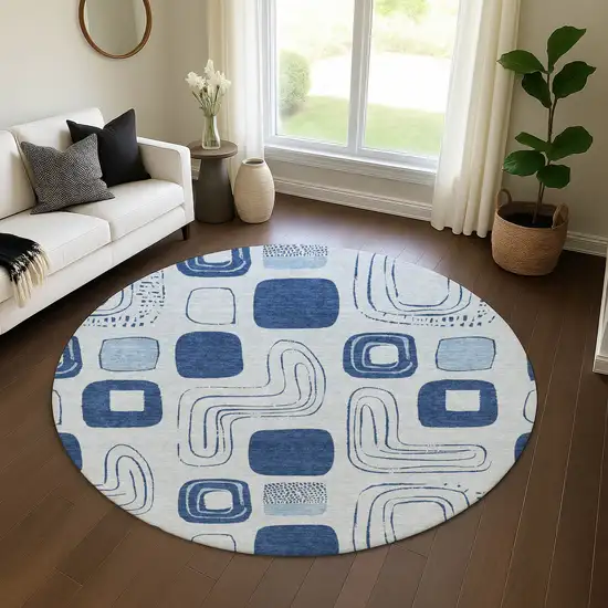 8' Blue Sky Blue And Ivory Geometric Washable Round Rug With UV Protection Photo 4