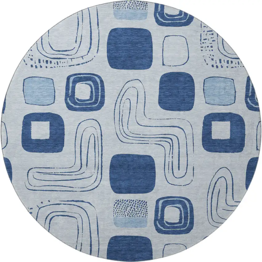 8' Blue Sky Blue And Ivory Geometric Washable Round Rug With UV Protection Photo 3
