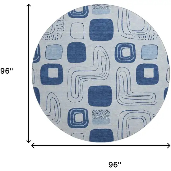 8' Blue Sky Blue And Ivory Geometric Washable Round Rug With UV Protection Photo 9