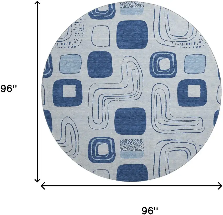 8' Blue Sky Blue And Ivory Geometric Washable Round Rug With UV Protection Photo 9