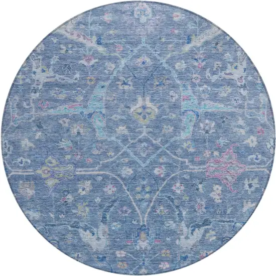 8' Blue Sky Blue And Ivory Round Floral Washable Indoor Outdoor Area Rug Photo 2