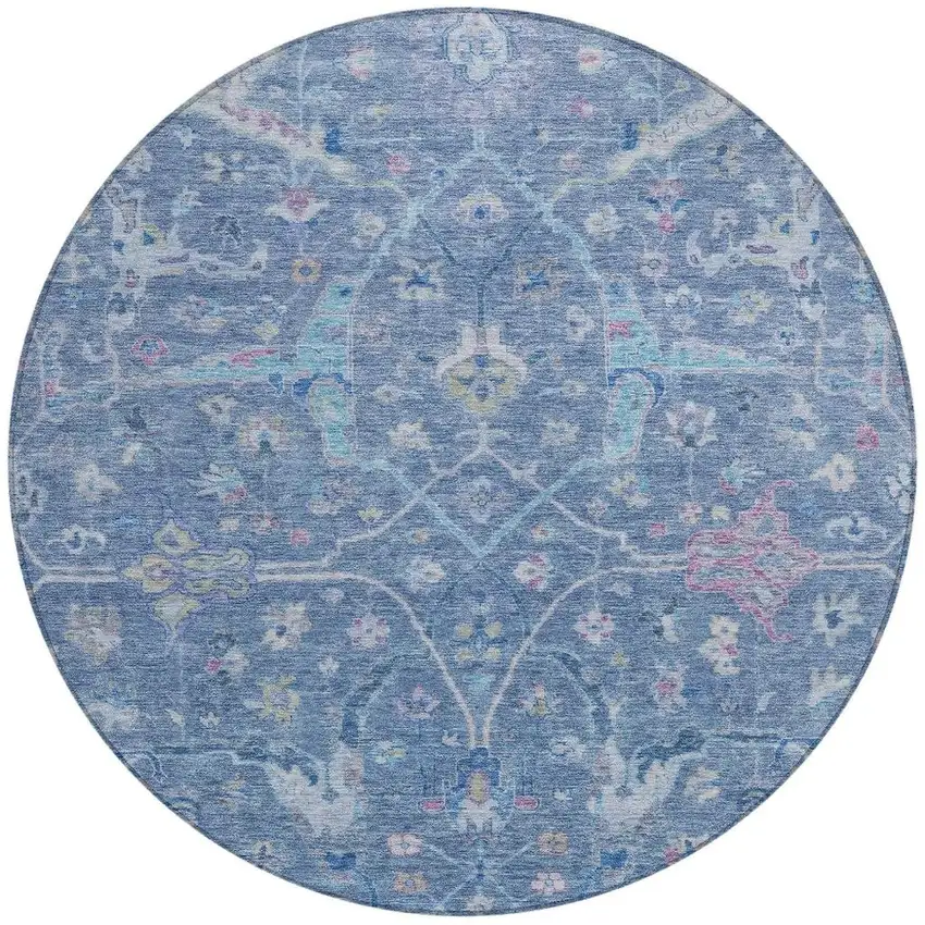 8' Blue Sky Blue And Ivory Round Floral Washable Indoor Outdoor Area Rug Photo 4
