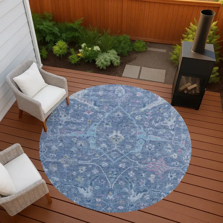8' Blue Sky Blue And Ivory Round Floral Washable Indoor Outdoor Area Rug Photo 7