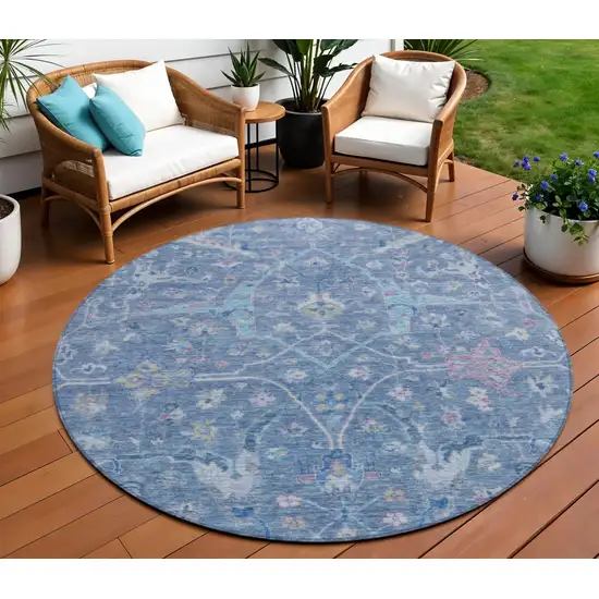 8' Blue Sky Blue And Ivory Round Floral Washable Indoor Outdoor Area Rug Photo 1