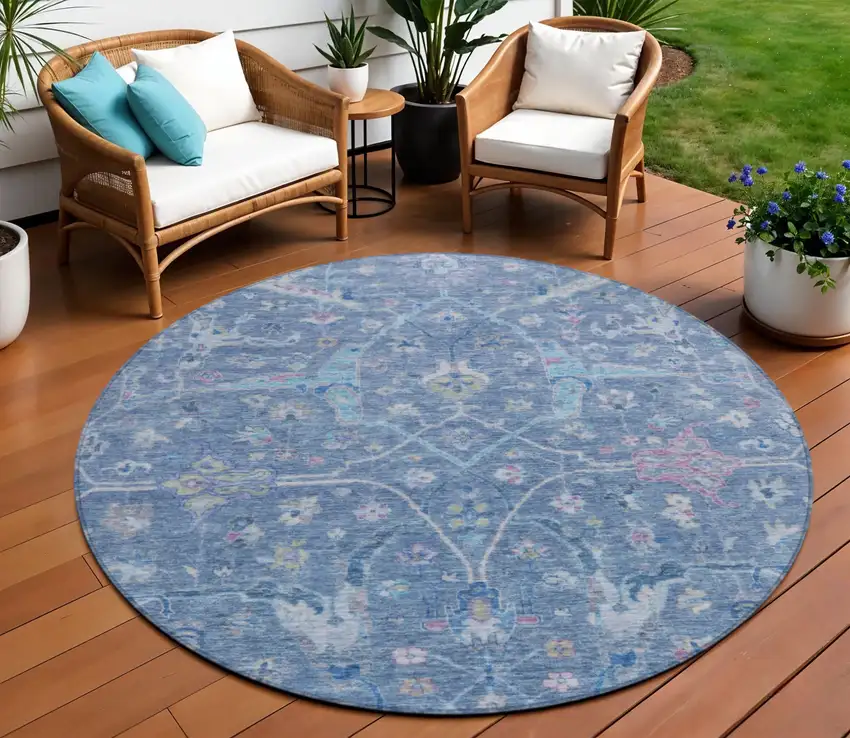 8' Blue Sky Blue And Ivory Round Floral Washable Indoor Outdoor Area Rug Photo 1