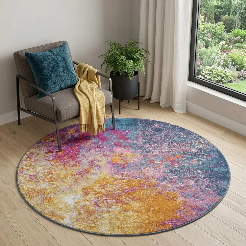 5' Blue Square Abstract Power Loom Area Rug Photo 1