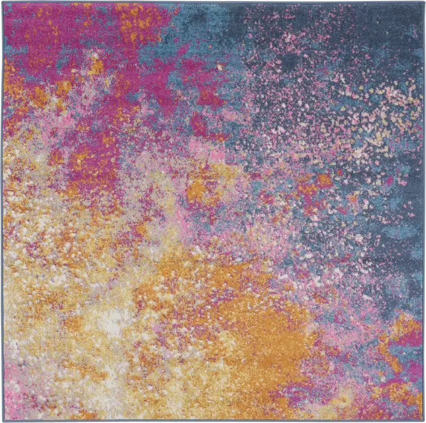 5' Blue Square Abstract Power Loom Area Rug Photo 2