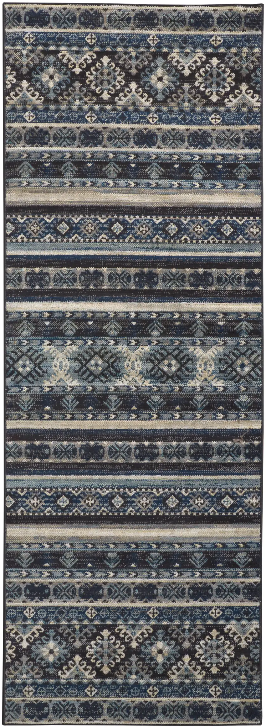 8' Blue Tan And Black Geometric Power Loom Distressed Stain Resistant Runner Rug Photo 1