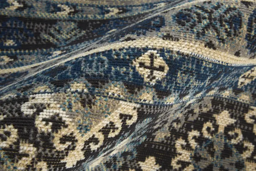 8' Blue Tan And Black Geometric Power Loom Distressed Stain Resistant Runner Rug Photo 6