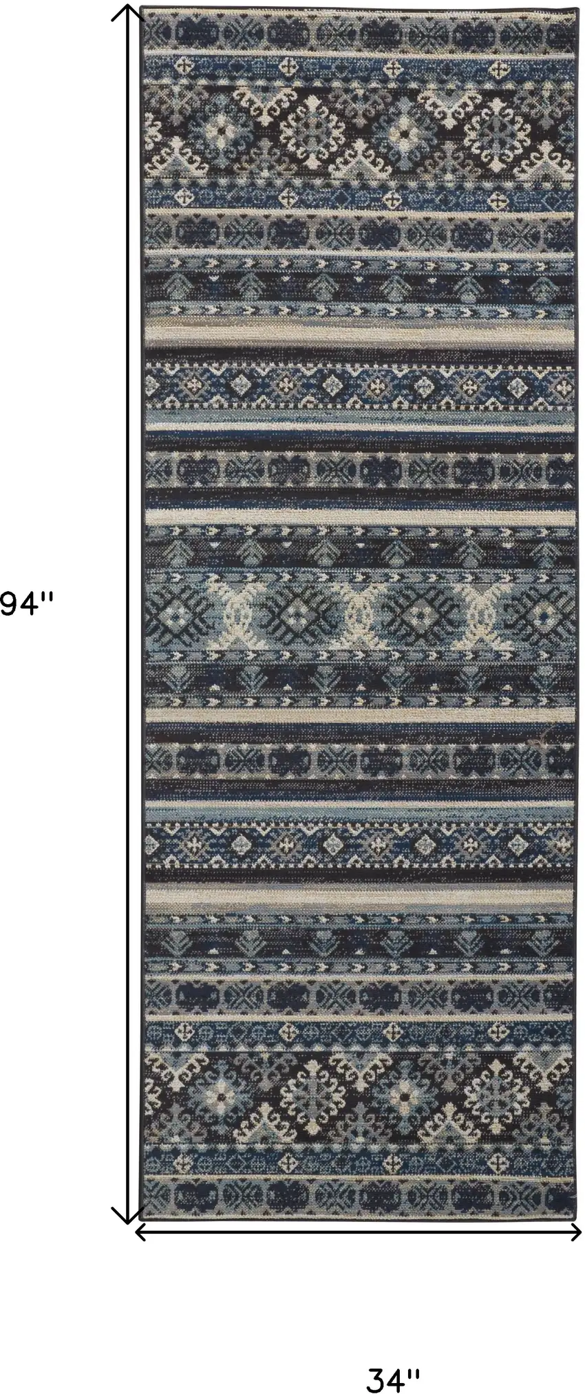 8' Blue Tan And Black Geometric Power Loom Distressed Stain Resistant Runner Rug Photo 7