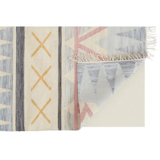 8' Blue Tan And Pink Moroccan Hand Loomed Area Rug With Fringe Photo 3