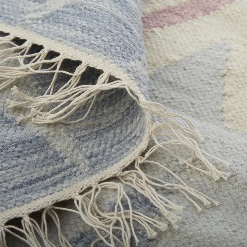 8' Blue Tan And Pink Moroccan Hand Loomed Area Rug With Fringe Photo 6