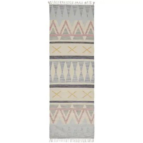 8' Blue Tan And Pink Moroccan Hand Loomed Area Rug With Fringe Photo 2