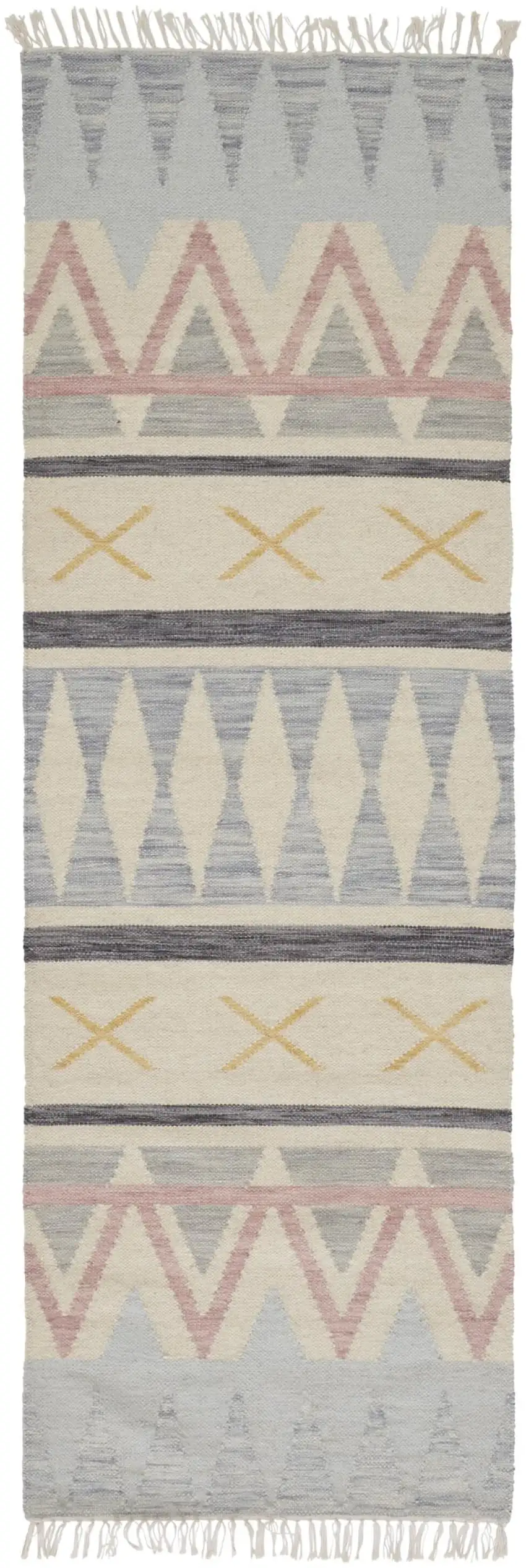 8' Blue Tan And Pink Moroccan Hand Loomed Area Rug With Fringe Photo 2