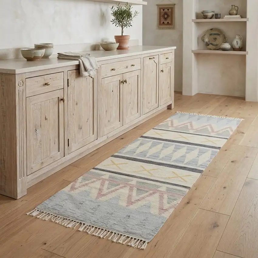 8' Blue Tan And Pink Moroccan Hand Loomed Area Rug With Fringe Photo 1