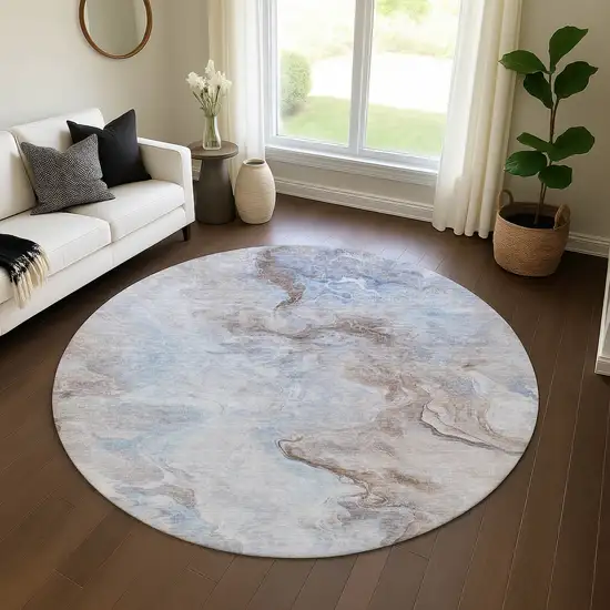 8' Blue Taupe And Beige Abstract Washable Round Rug With UV Protection Photo 4
