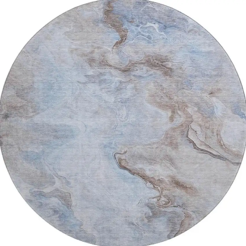 8' Blue Taupe And Beige Abstract Washable Round Rug With UV Protection Photo 3