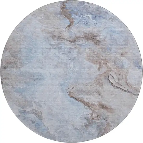 8' Blue Taupe And Beige Abstract Washable Round Rug With UV Protection Photo 1