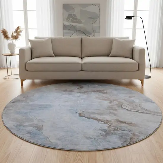 8' Blue Taupe And Beige Abstract Washable Round Rug With UV Protection Photo 2