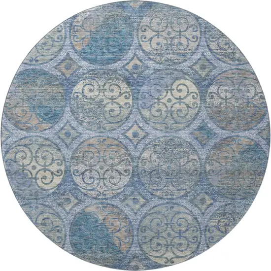 8' Blue Taupe And Gray Medallion Washable Round Rug With UV Protection Photo 4