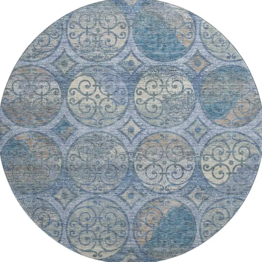 8' Blue Taupe And Gray Medallion Washable Round Rug With UV Protection Photo 3