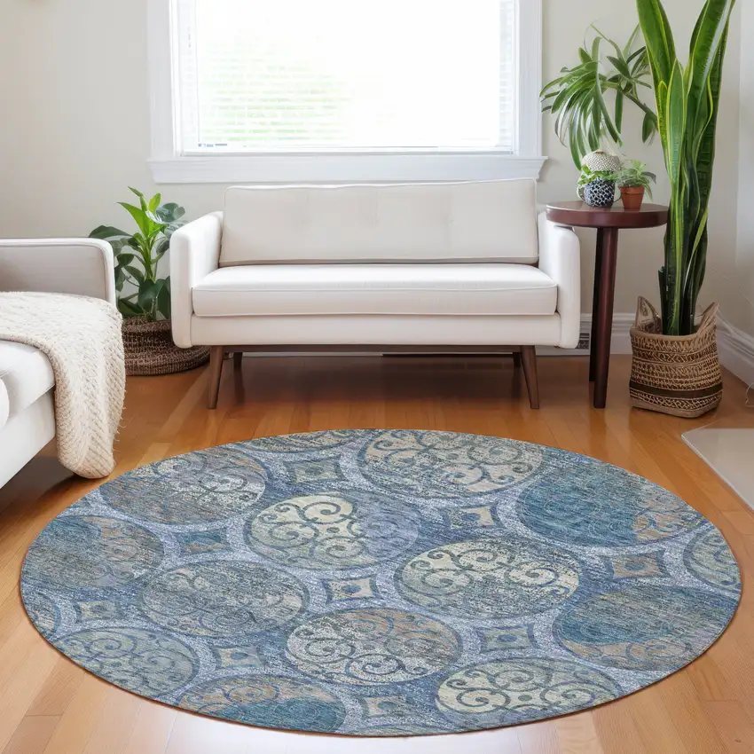 8' Blue Taupe And Gray Medallion Washable Round Rug With UV Protection Photo 5