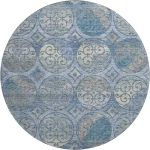 Photo of 8' Blue Taupe And Gray Medallion Washable Round Rug With UV Protection