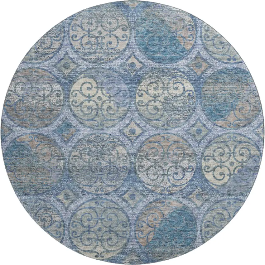 8' Blue Taupe And Gray Medallion Washable Round Rug With UV Protection Photo 1