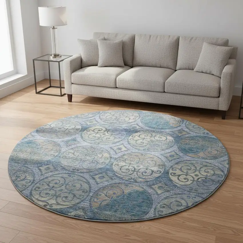 8' Blue Taupe And Gray Medallion Washable Round Rug With UV Protection Photo 2
