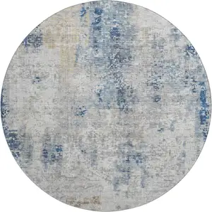 Photo of 8' Blue Taupe And Ivory Abstract Washable Round Rug With UV Protection