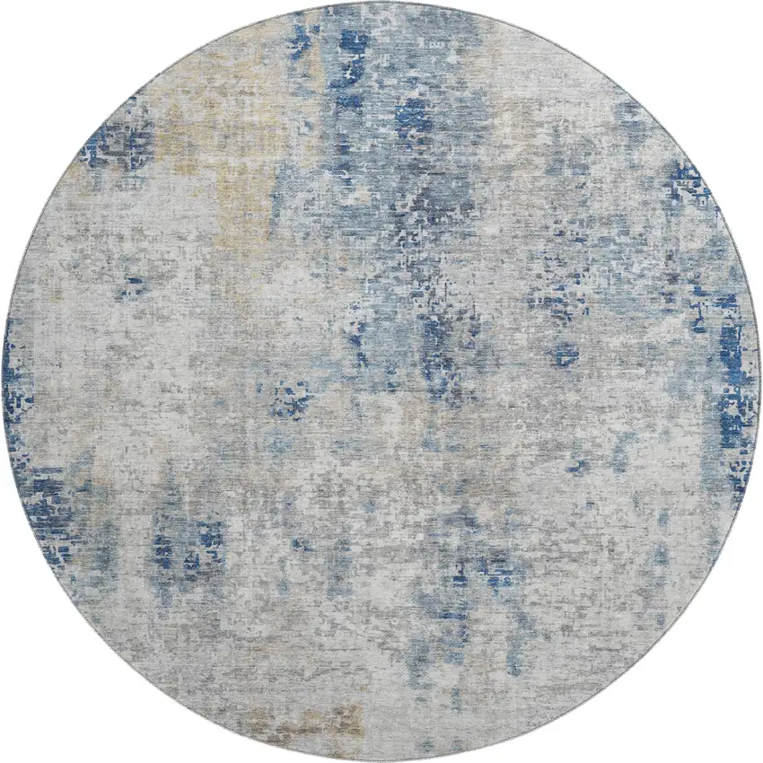 8' Blue Taupe And Ivory Abstract Washable Round Rug With UV Protection Photo 1