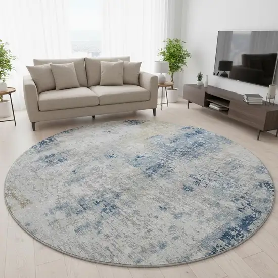 8' Blue Taupe And Ivory Abstract Washable Round Rug With UV Protection Photo 2