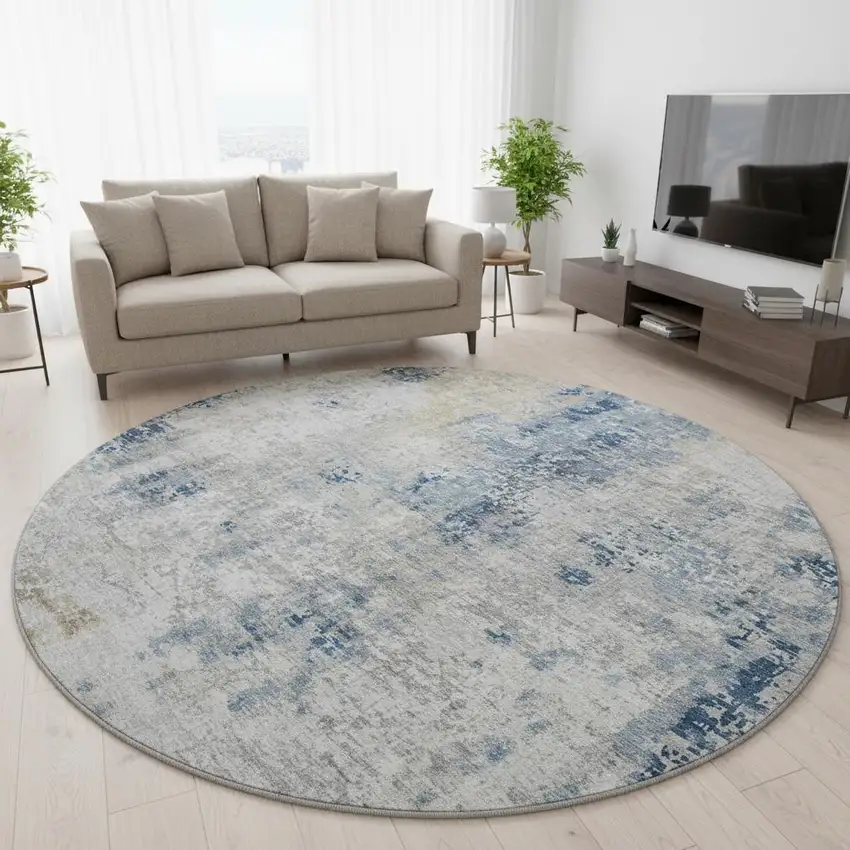 8' Blue Taupe And Ivory Abstract Washable Round Rug With UV Protection Photo 2