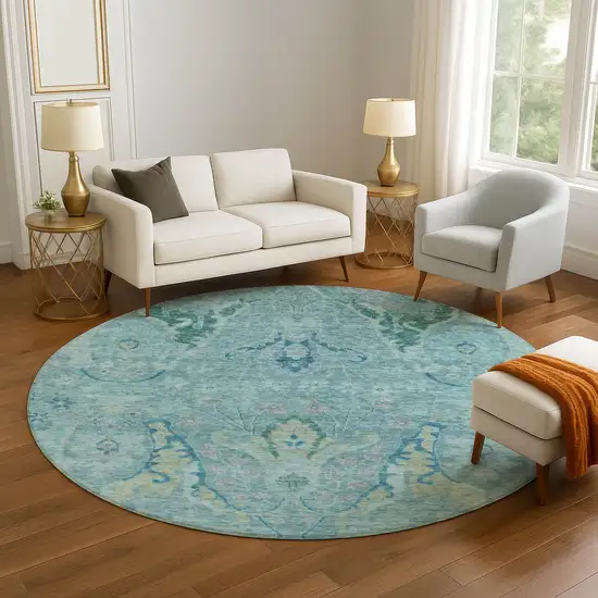 8' Blue Teal And Artichoke Green Floral Washable Round Rug With UV Protection Photo 5
