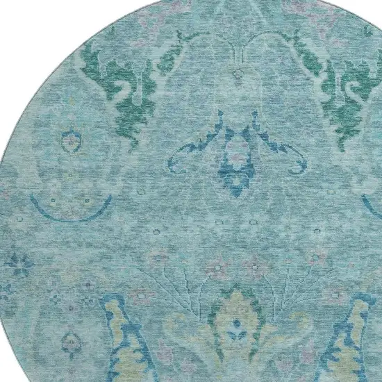 8' Blue Teal And Artichoke Green Floral Washable Round Rug With UV Protection Photo 3