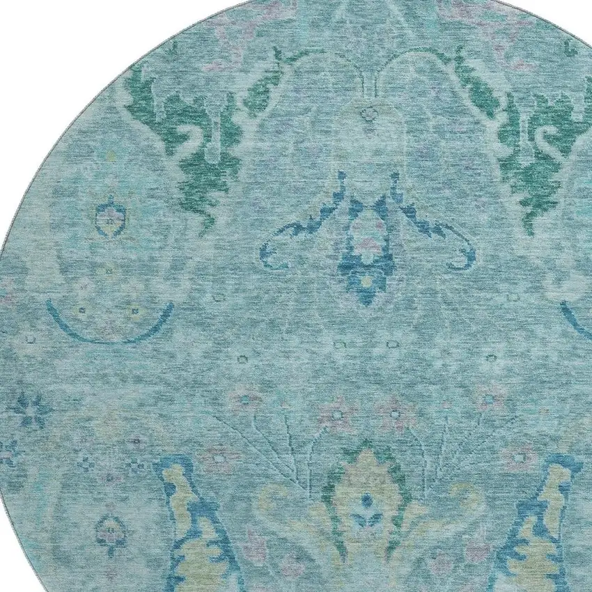 8' Blue Teal And Artichoke Green Floral Washable Round Rug With UV Protection Photo 3