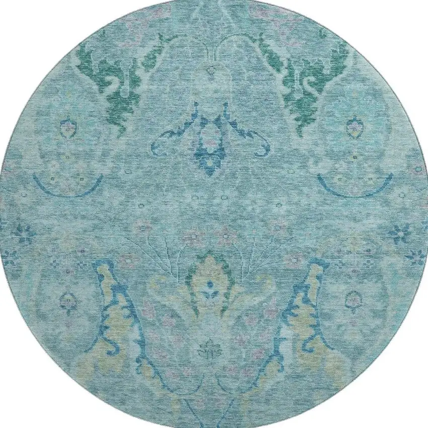 8' Blue Teal And Artichoke Green Floral Washable Round Rug With UV Protection Photo 4